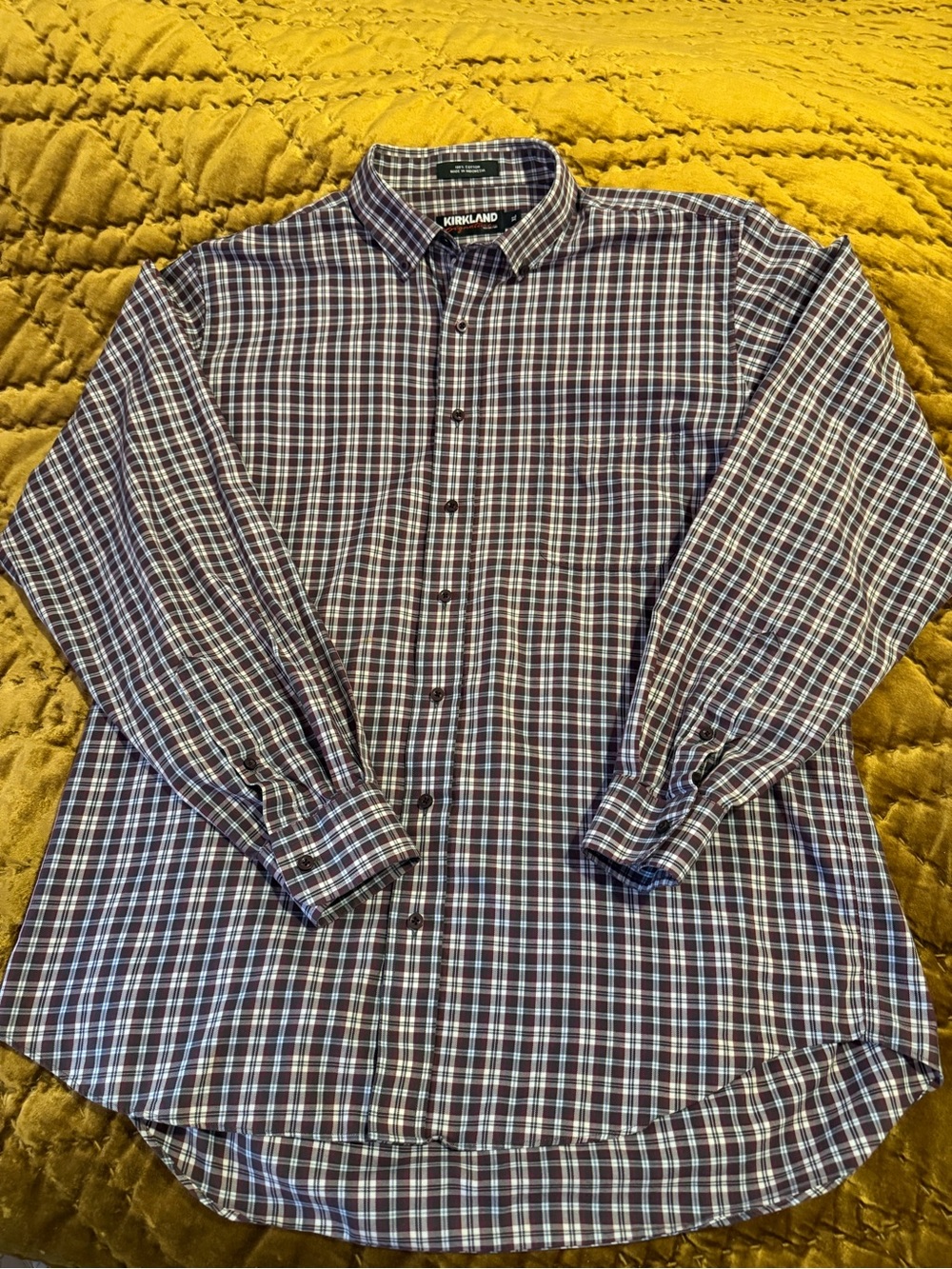 Kirkland Signature Men's Plaid Button-Down Shirt in brown and white